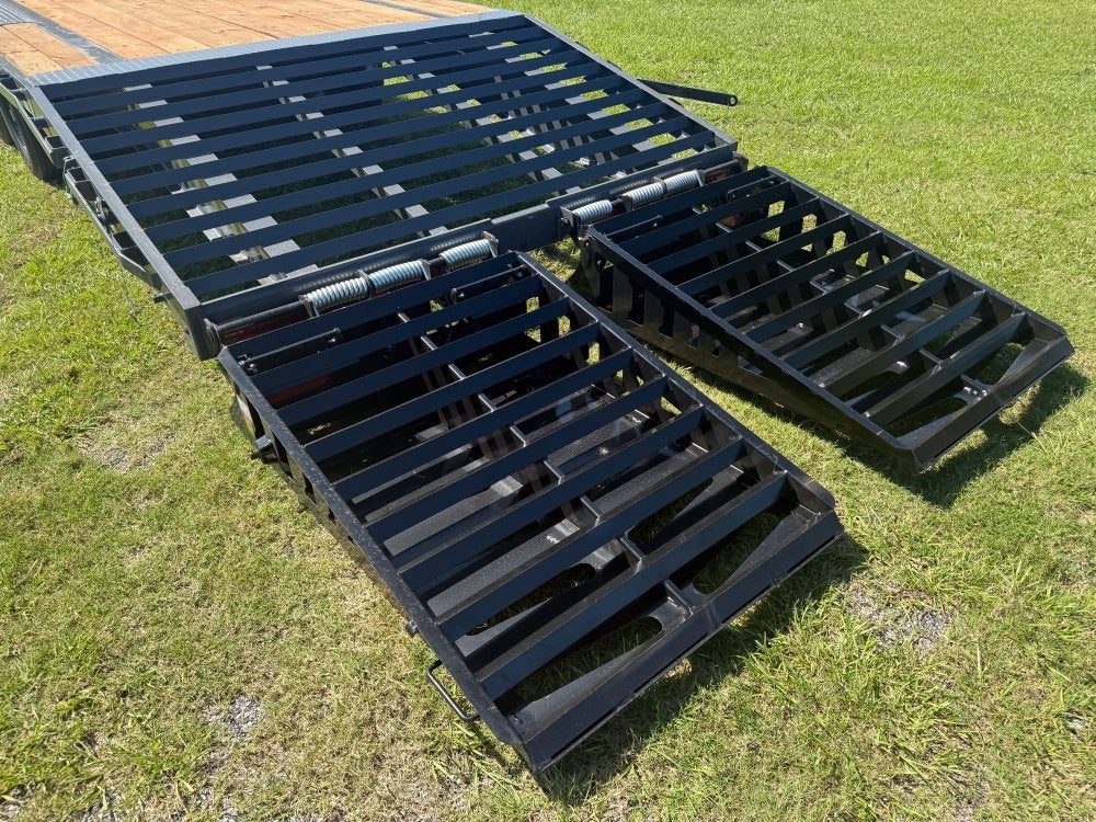 Mega ramps deployed on 40-foot gooseneck trailer for drive-on vehicle loading